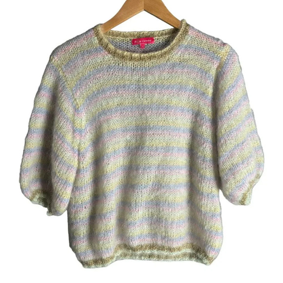Rose Carmine Striped Mohair Blend Pullover Crew Neck Sweater Pastel Size S / M - Picture 1 of 4